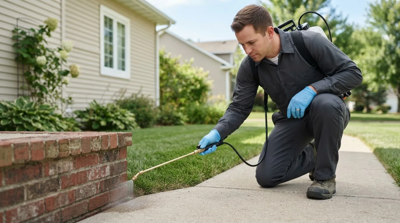Pest control technician treating a home near Reynolds, IN