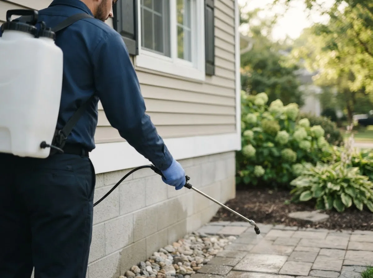 Pest control technician inspecting a home in Reynolds, IN